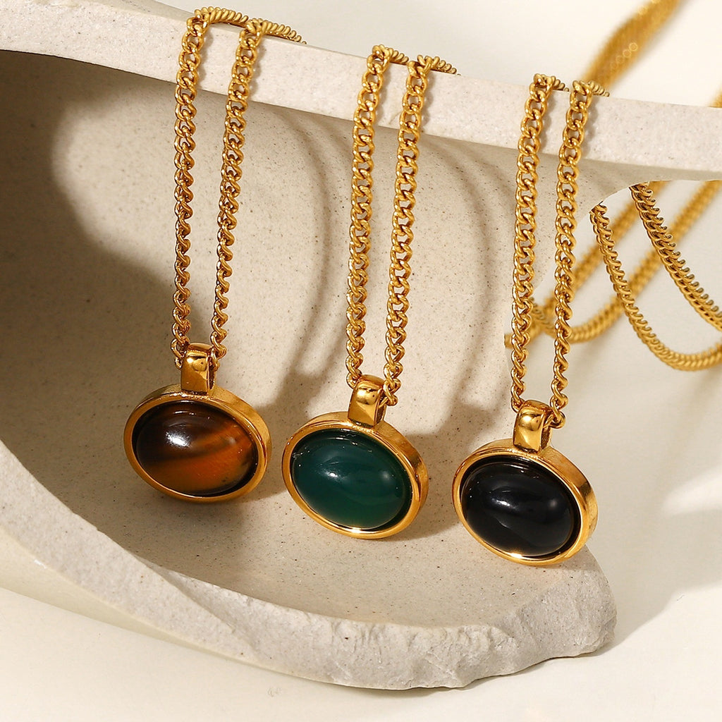 Natural Stone Pendant Necklace, 18K Gold Plated Stainless Steel