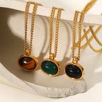 Natural Stone Pendant Necklace, 18K Gold Plated Stainless Steel