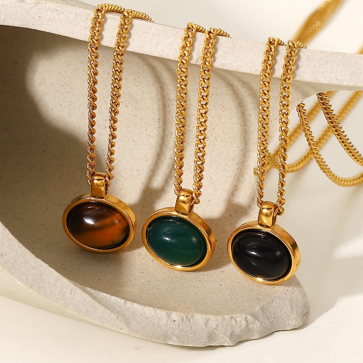 Natural Stone Pendant Necklace, 18K Gold Plated Stainless Steel