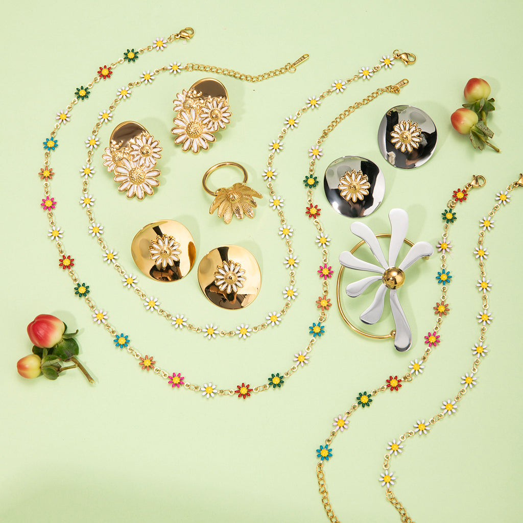 New Summer 18k Gold Stainless Steel Daisy Earrings Ins Gold Colorful Daisy Chain Necklace