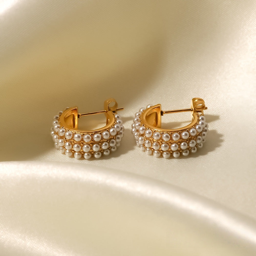 premium 18k gold plated dense pearl hoop earrings crafted from durable stainless steel for timeless french elegance