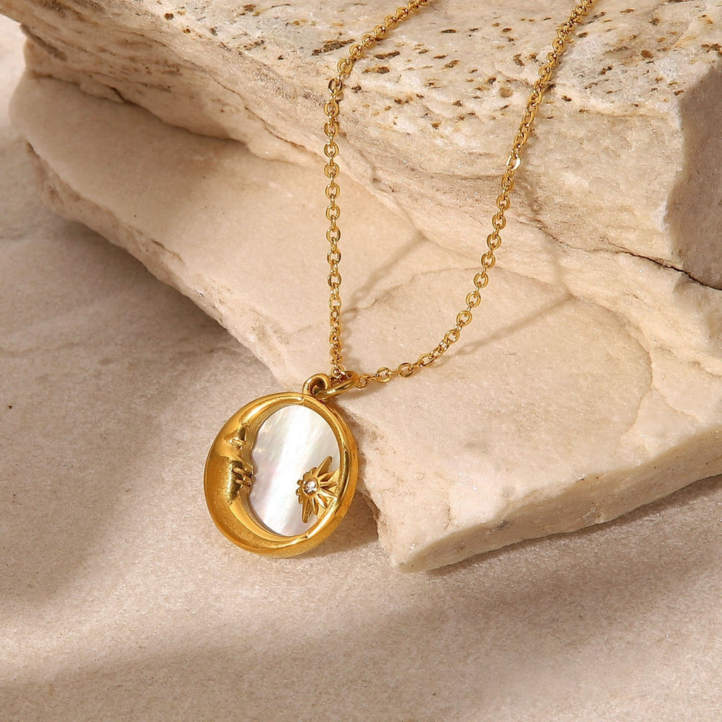 premium 18k gold plated moon and star mother of pearl necklace crafted from durable stainless steel for celestial elegance