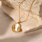 premium 18k gold plated moon and star mother of pearl necklace crafted from durable stainless steel for celestial elegance