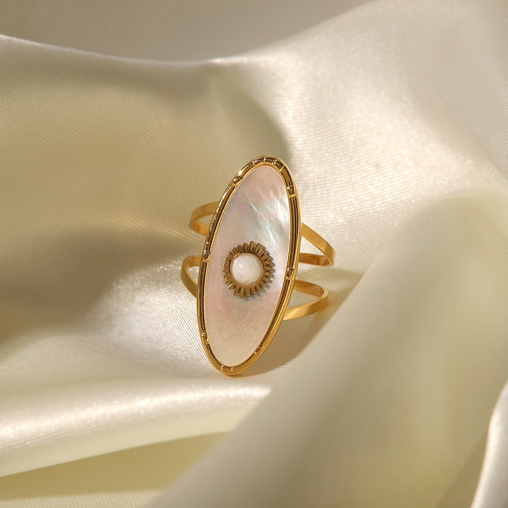 Gold Oval Vintage Ring Close-Up with Mother-of-Pearl Statement Ring