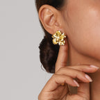 Gold flower stud earring with clear center stone, elegant design for women