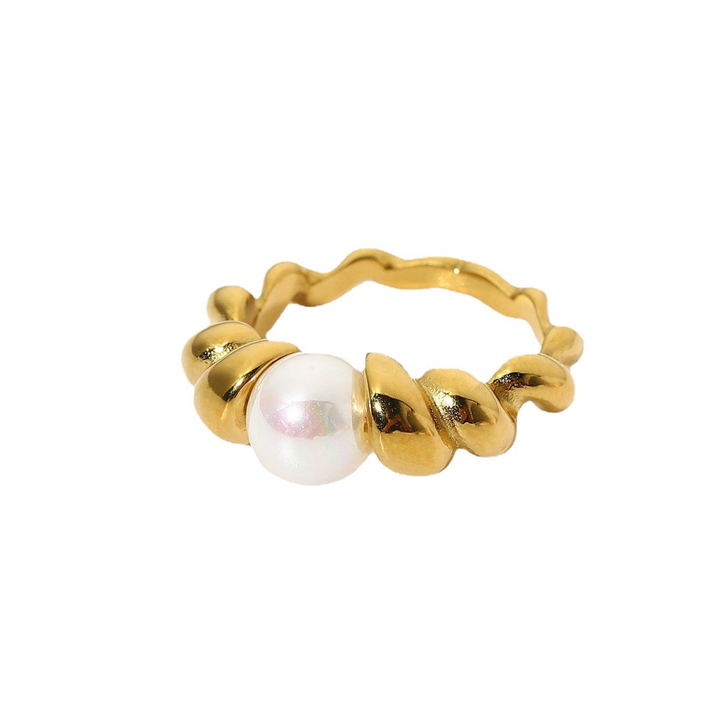 Ring Twisted Gold Pearl: 18K Plated Stainless Steel Women's Ring
