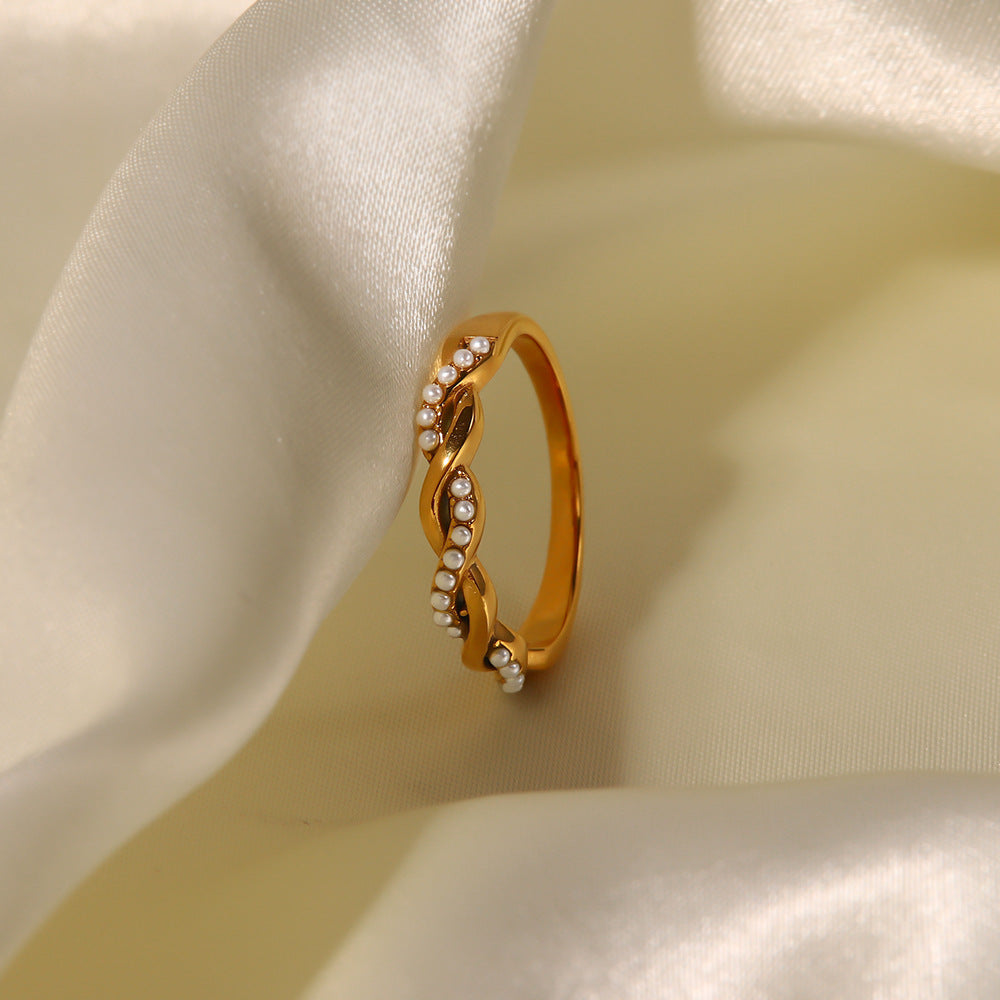 Ring Twisted Braided Gold Pearl Band – Elegant Women’s Jewelry