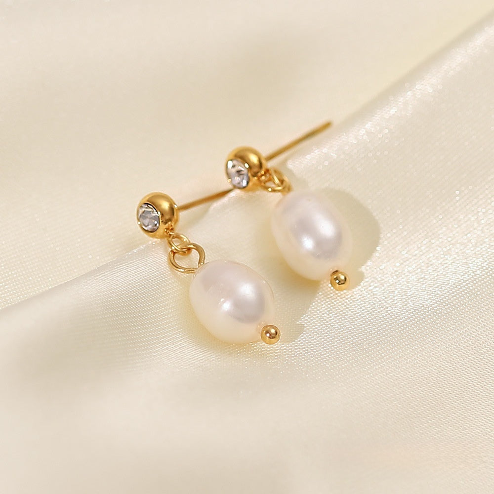 Delicate Pearl Drop Earrings Gold Plated Stainless Steel for Women