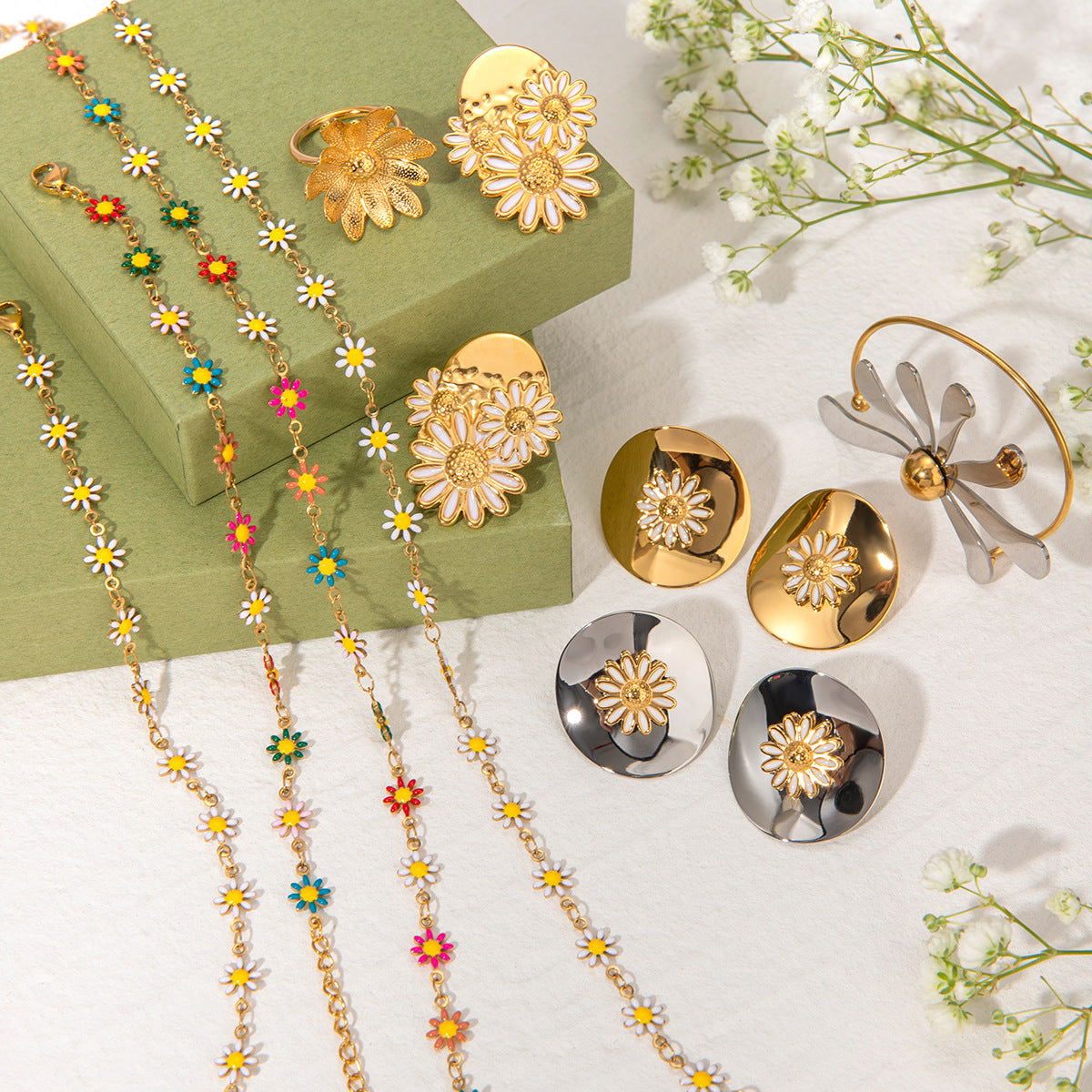 New Summer 18k Gold Stainless Steel Daisy Earrings Ins Gold Colorful Daisy Chain Necklace