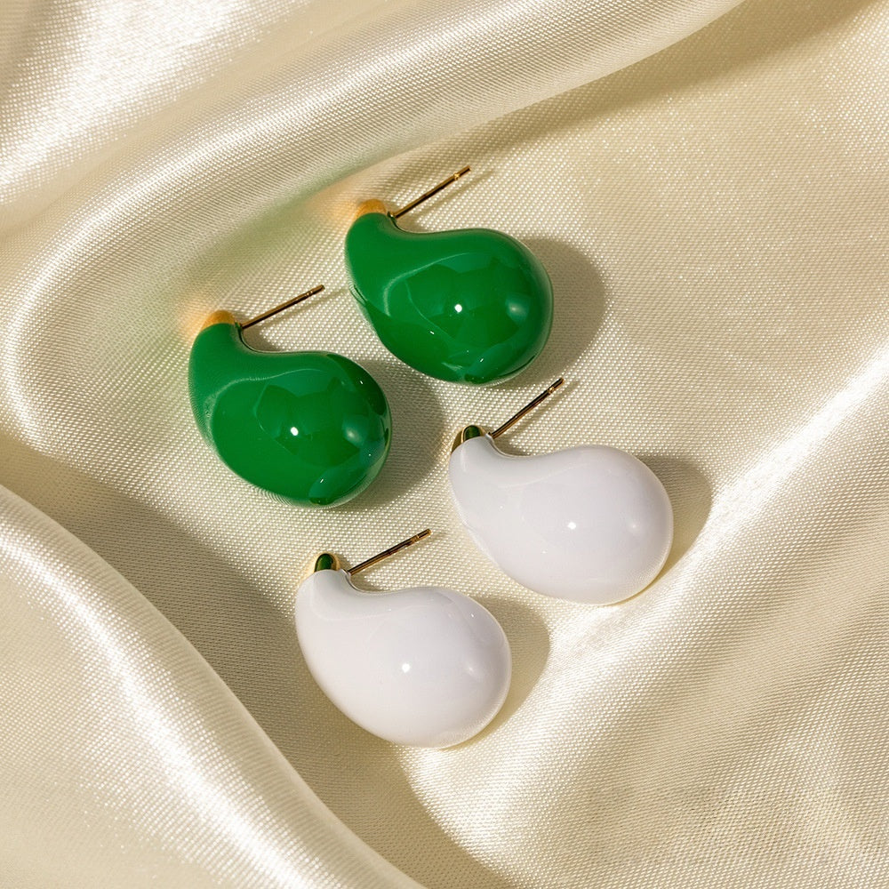 Drop Earrings – Green White Enamel Gold Post Women's Fashion Earrings