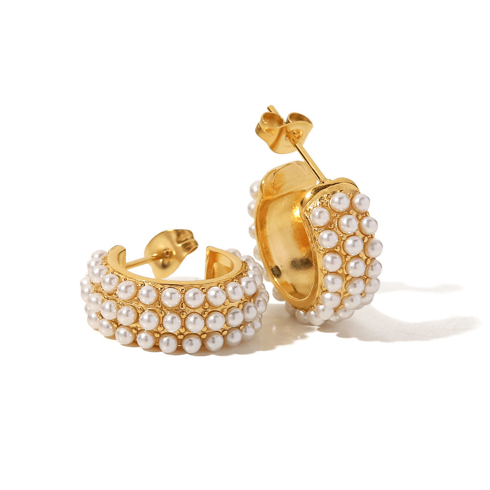 premium 18k gold plated dense pearl hoop earrings crafted from durable stainless steel for timeless french elegance