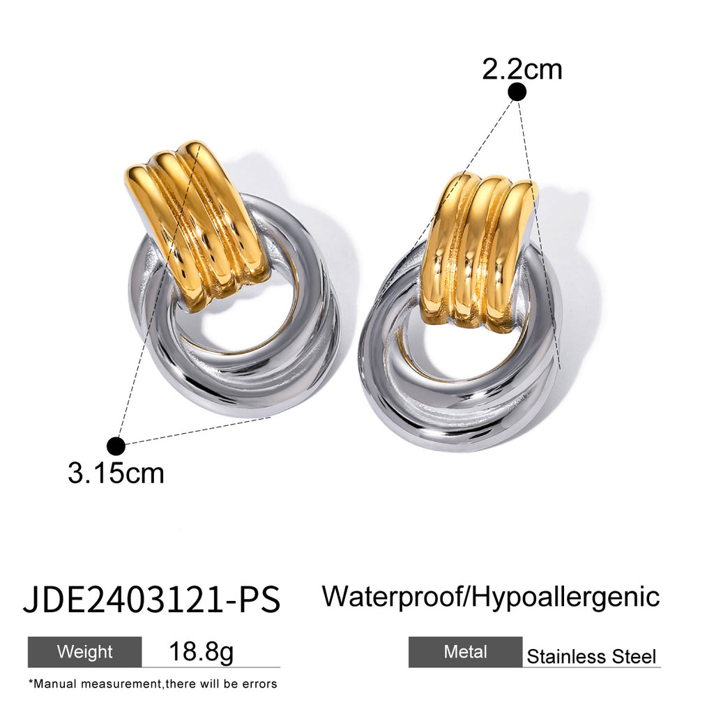 Elegant gold and silver mixed-color stainless steel earrings for women, 18k gold threaded winding simple titanium steel circle earrings