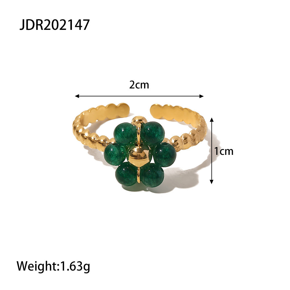 Ring Adjustable Green Stone Flower for Women (Dainty Fashion)