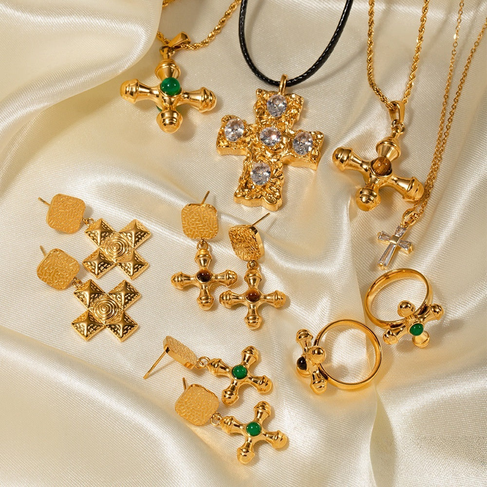 Necklace Cross Gold Plated Women's 18K Stainless Steel Jewelry Set