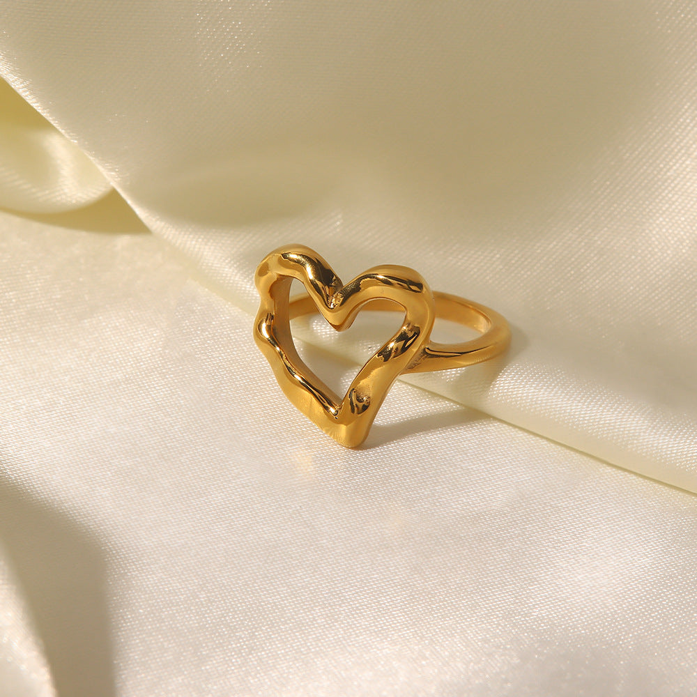 Ring: Women’s Hammered Gold Heart Titanium Steel, Minimalist Design