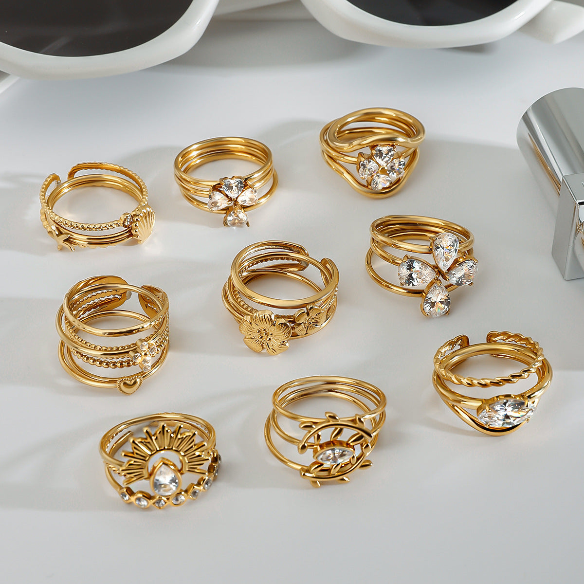 premium 18k gold plated stackable zircon stainless steel ring set crafted for modern everyday elegance