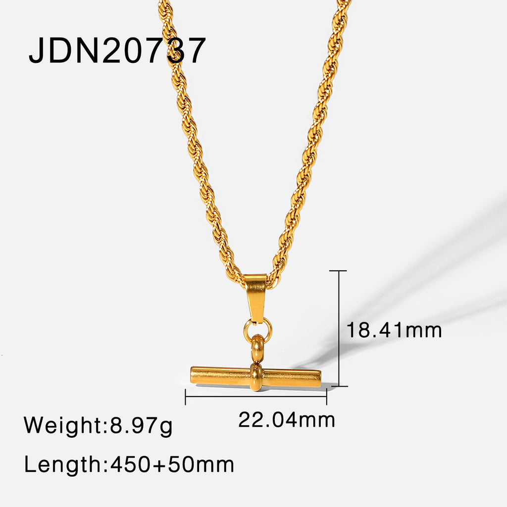 Gold Necklace 18K Stainless Steel T-Bar Pendant Figaro Cuban Chain for Women