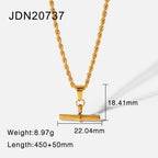 Gold Necklace 18K Stainless Steel T-Bar Pendant Figaro Cuban Chain for Women