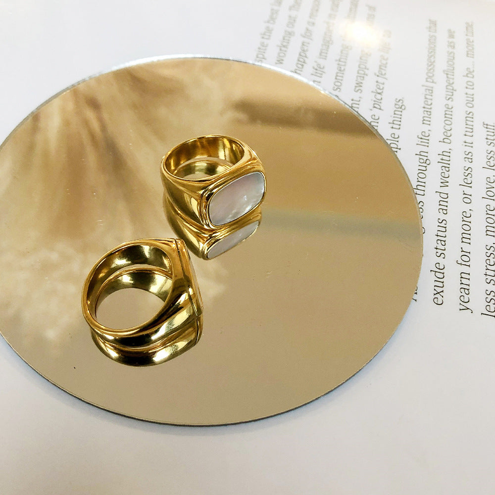 Ring Gold White Inlay Signet 18K Plated Stainless Steel Wedding Ring