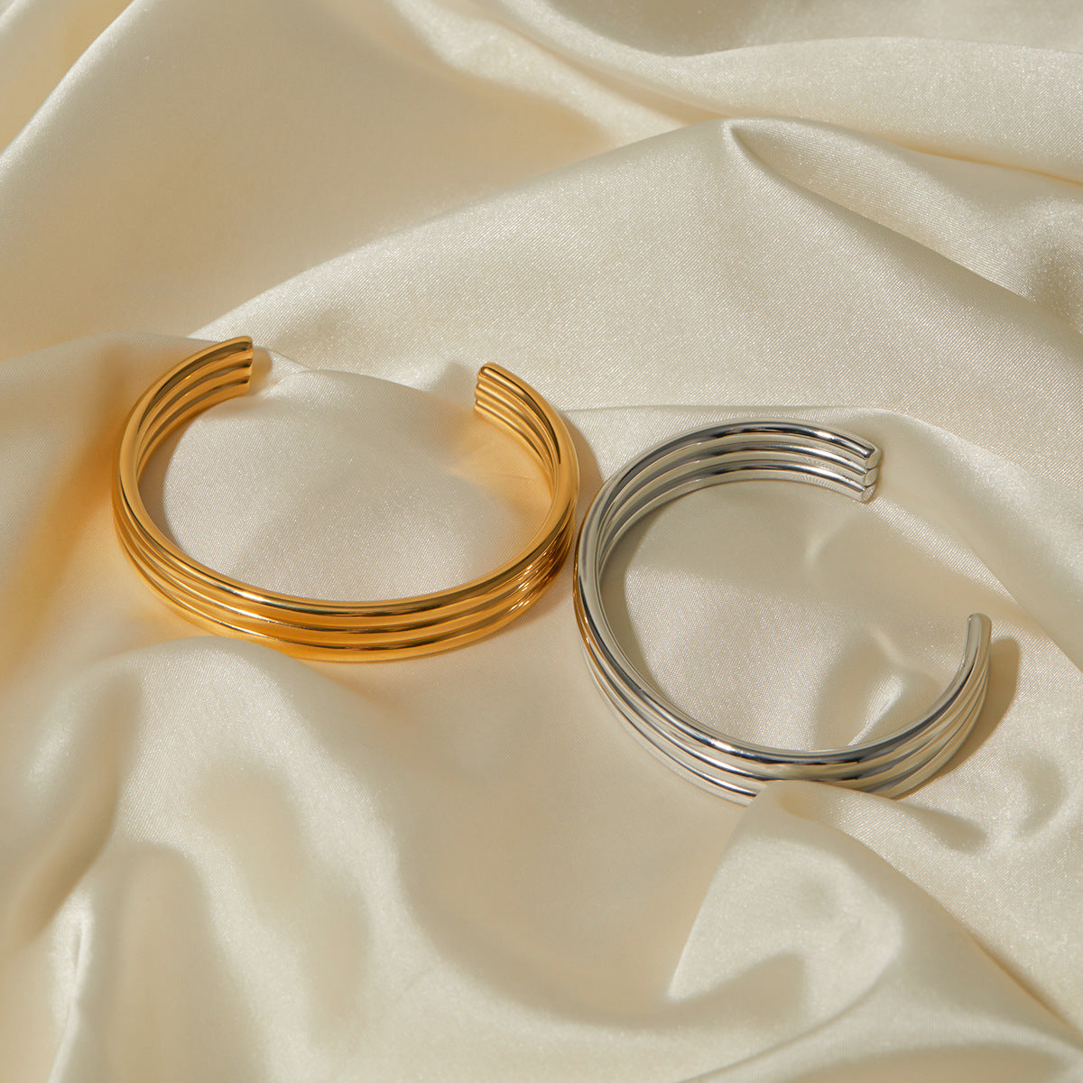 Gold Open Cuff 3-Ridge Bracelet for Women