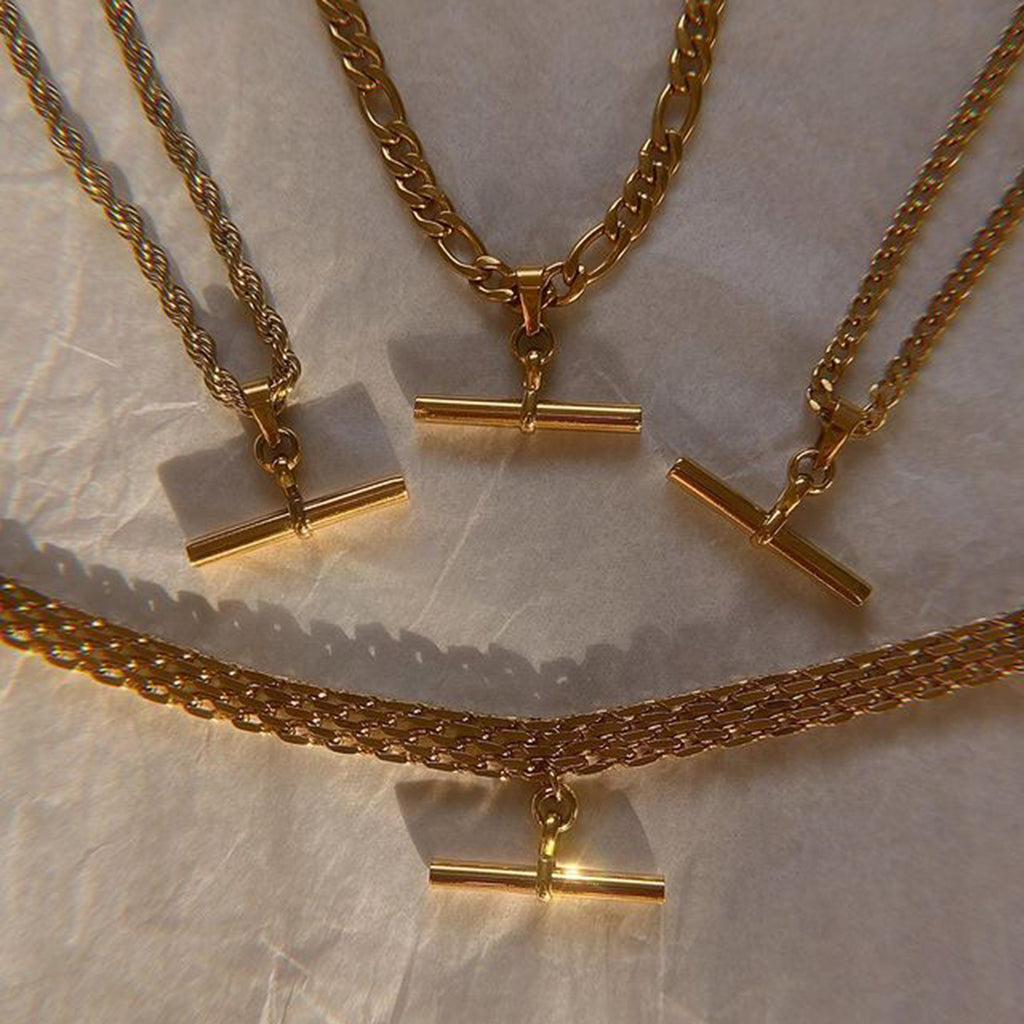 Gold Necklace 18K Stainless Steel T-Bar Pendant Figaro Cuban Chain for Women