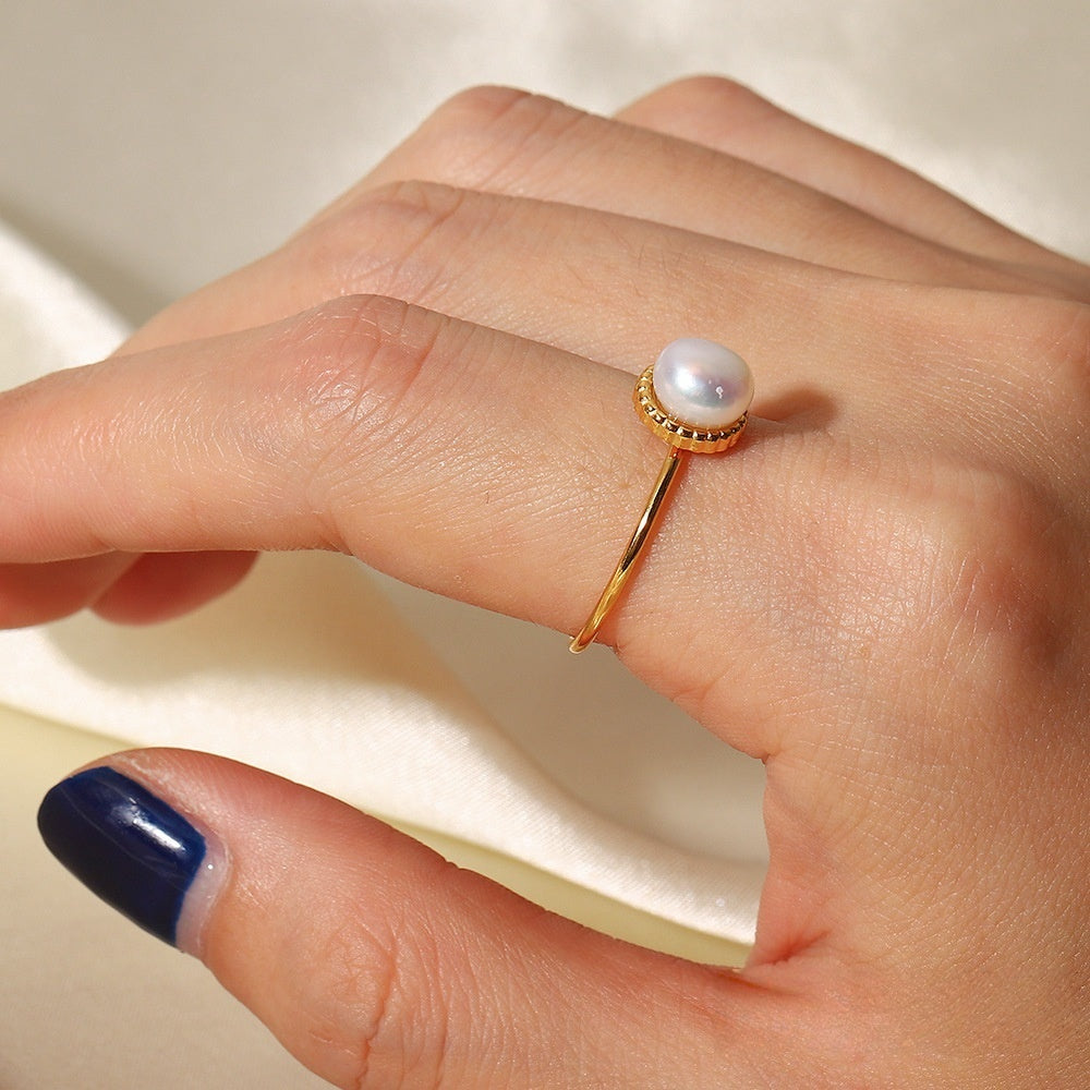 Ring Adjustable 18K Gold Pearl Ring, Delicate Jewelry for Women