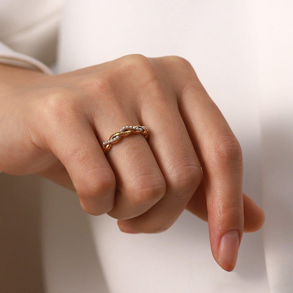 Ring Twisted Braided Gold Pearl Band – Elegant Women’s Jewelry