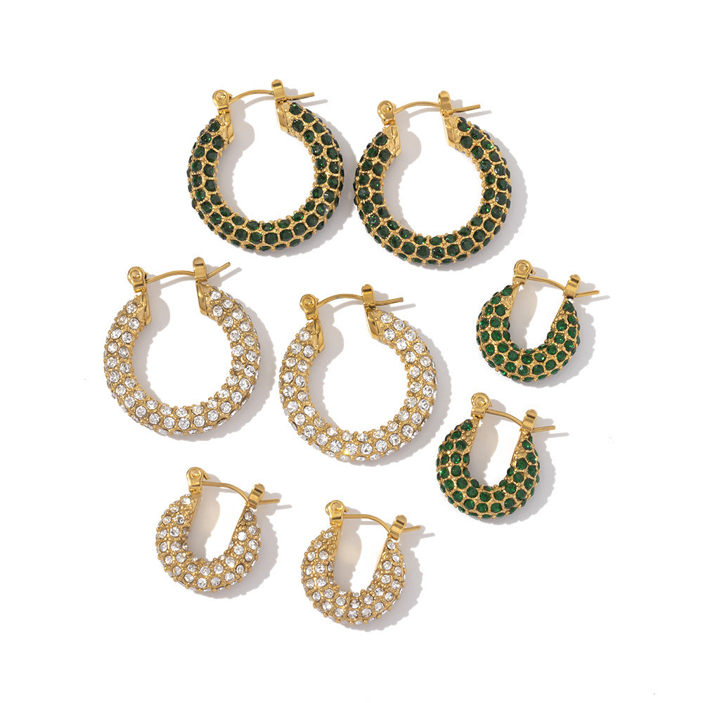 Gold Hoop Earrings with Green Stone Accents detail