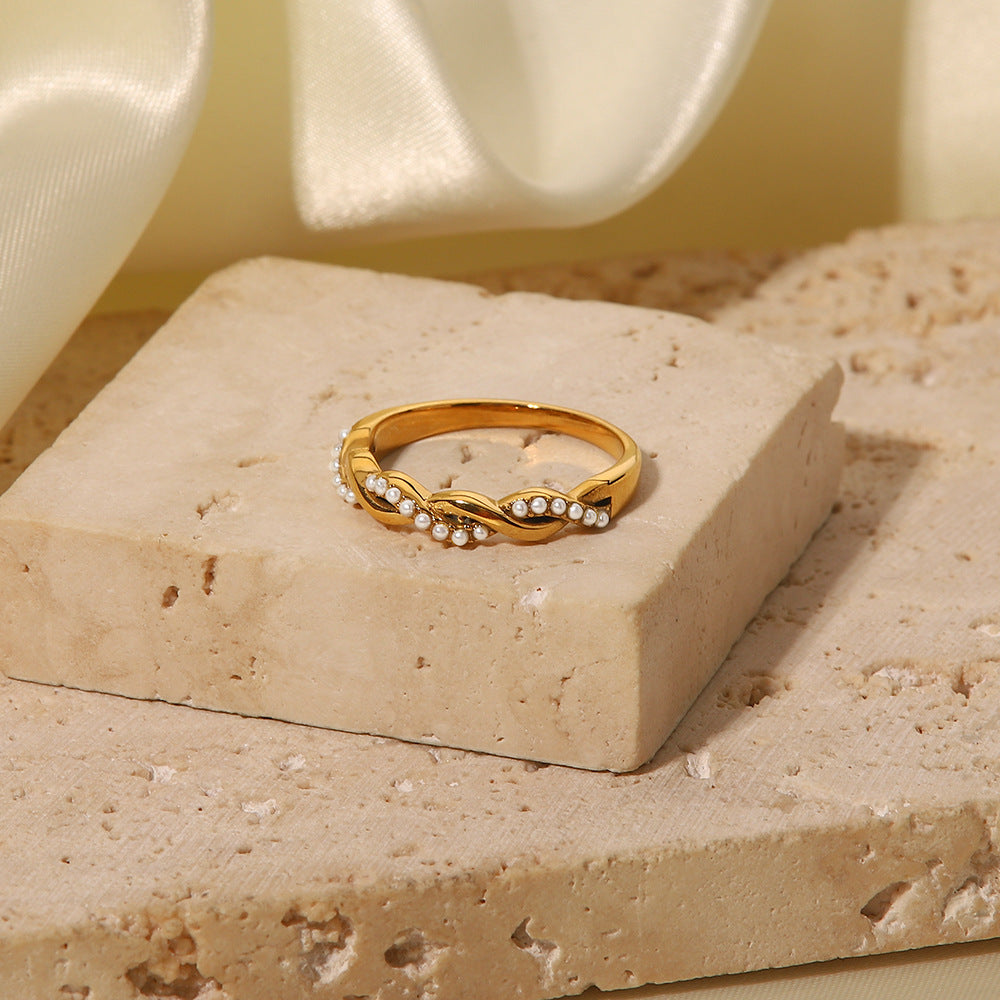 Ring Twisted Braided Gold Pearl Band – Elegant Women’s Jewelry