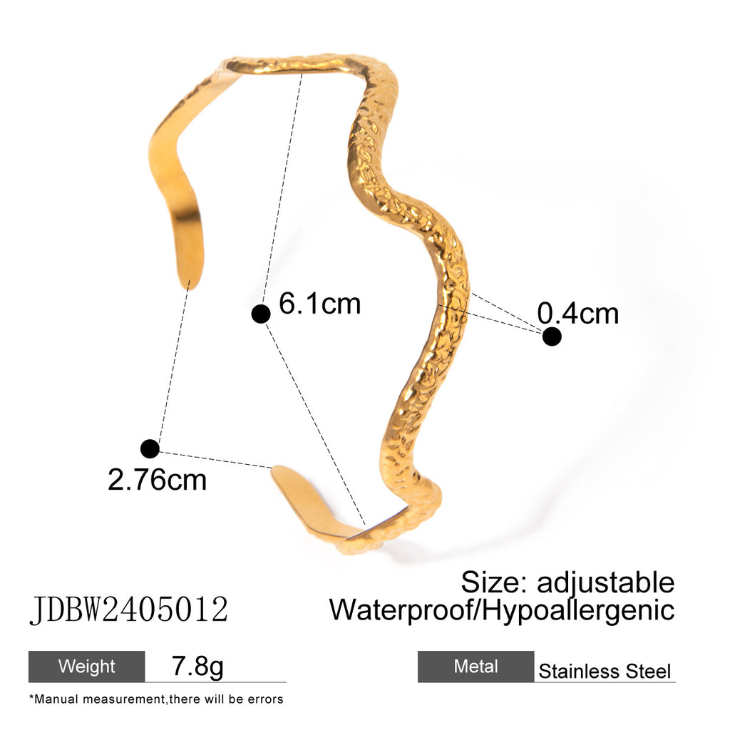 Gold Wavy Open Cuff Bracelet, 18K Gold Plated Stainless Steel