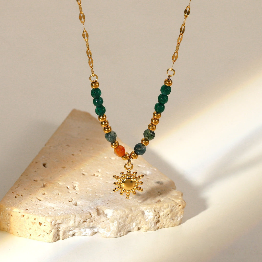 Gold Sun Pendant Necklace with Green and Pink Semi-Precious Stones for Women