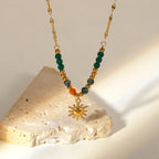 Gold Sun Pendant Necklace with Green and Pink Semi-Precious Stones for Women