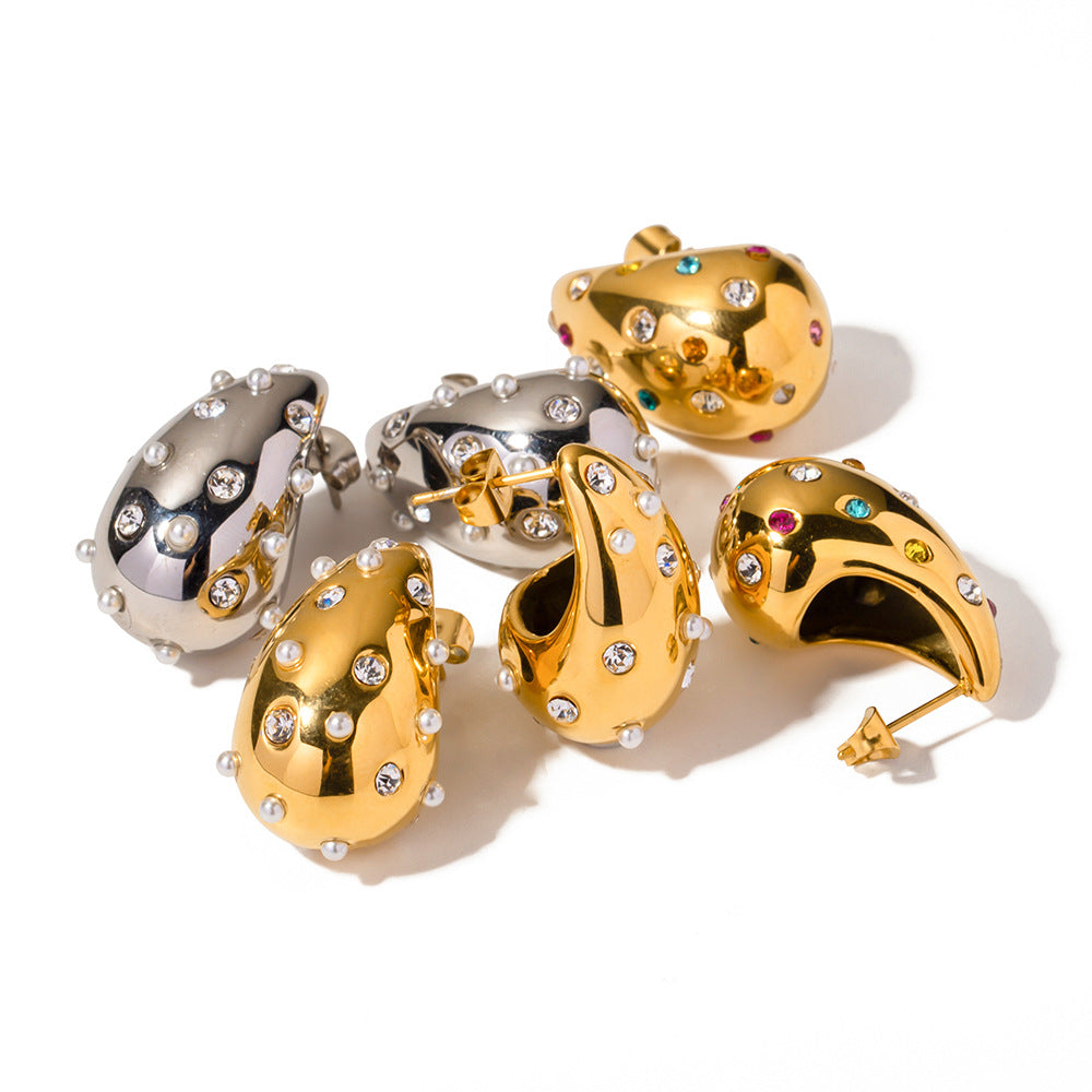 Gold Teardrop Earrings for Women with Zircon and Pearls