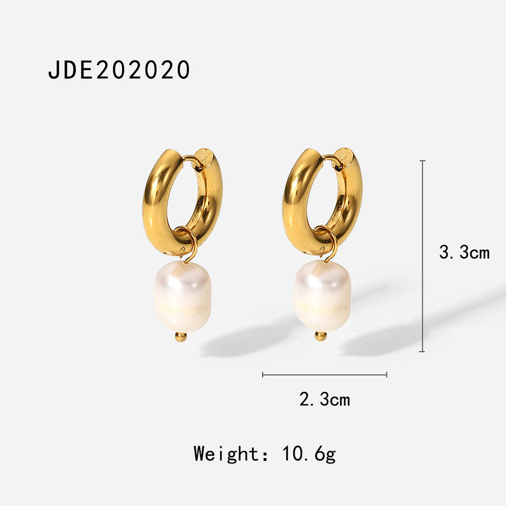 European and American style minimalist INS style 18K gold stainless steel earrings with natural freshwater pearl pendant hoop earrings for women