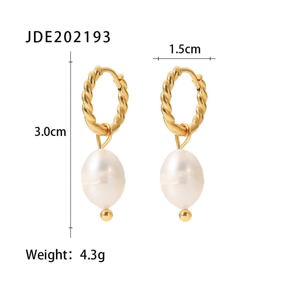 Pearl Drop Hoop Earrings Women’s 18K Gold Plated Stainless Steel