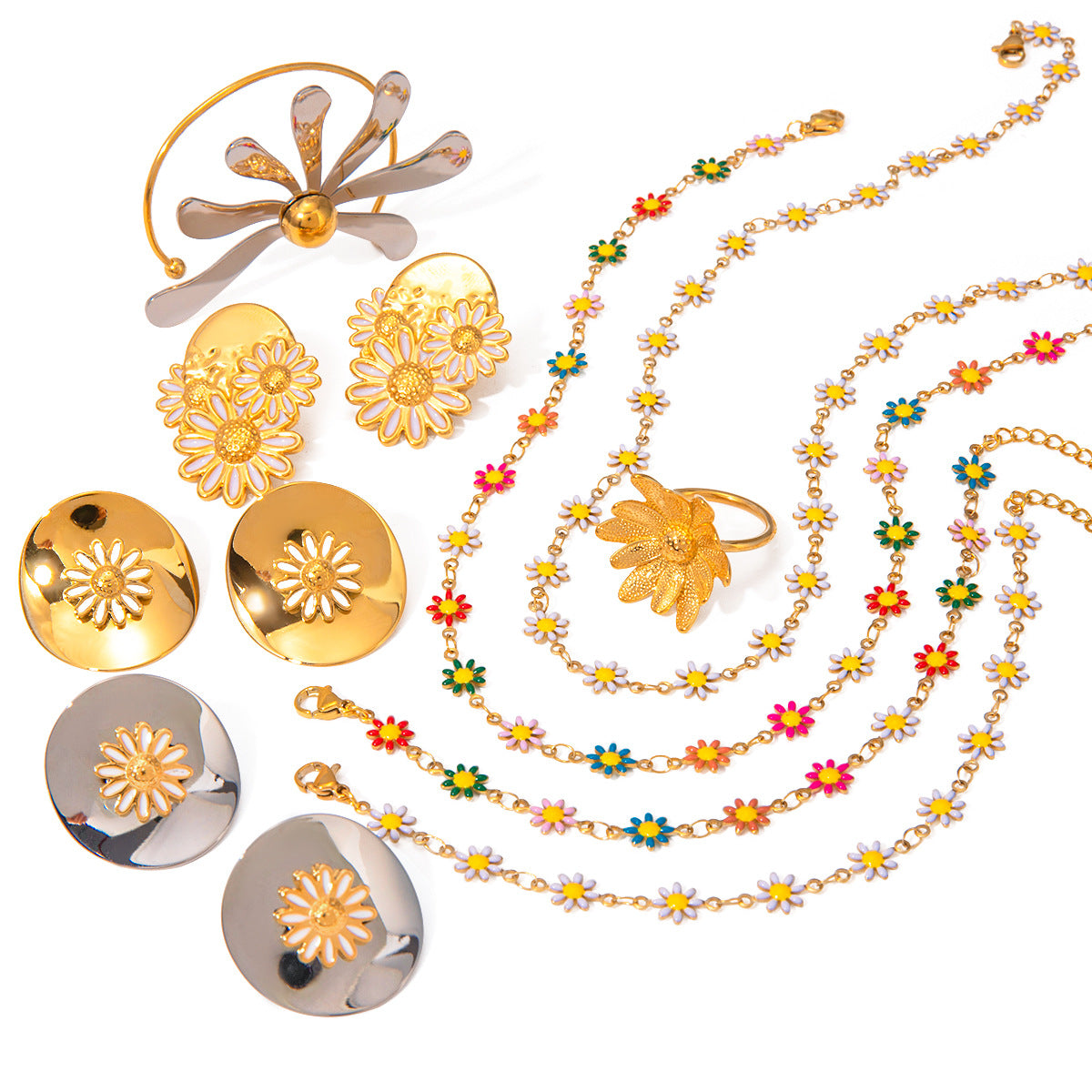 New Summer 18k Gold Stainless Steel Daisy Earrings Ins Gold Colorful Daisy Chain Necklace