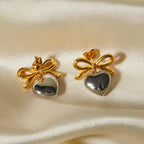 Gold bow and silver heart drop earrings for women romantic style