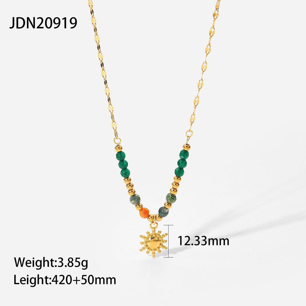 Necklace Gold Sun Pendant - Vintage Natural Stone Women's Jewelry