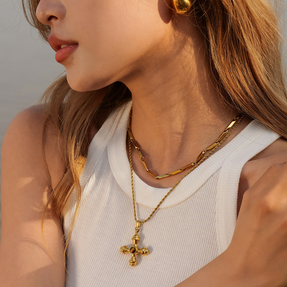 Necklace Cross Gold Plated Women's 18K Stainless Steel Jewelry Set