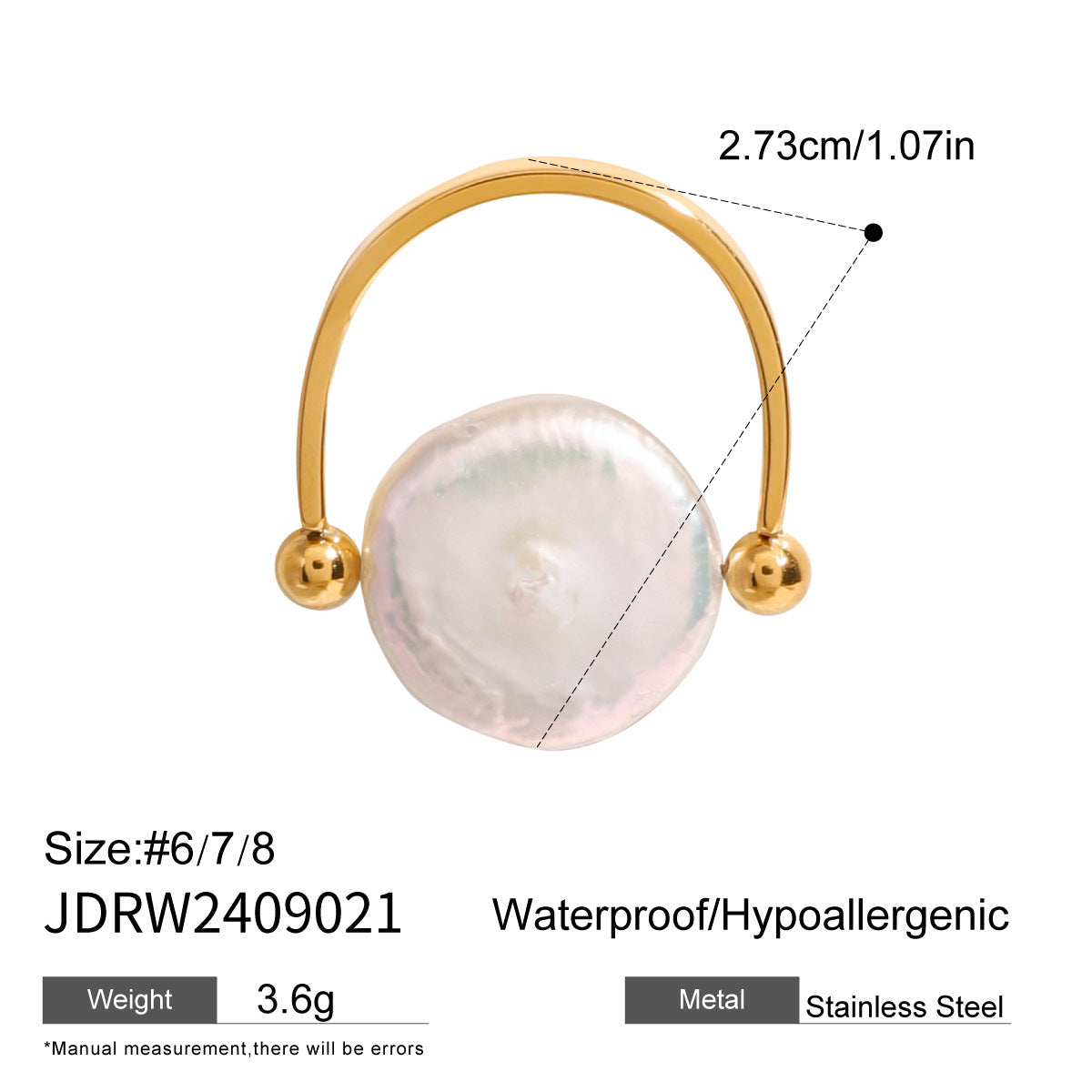 European and American style stainless steel button pearl polished ring, a light luxury and high-end niche jewelry.