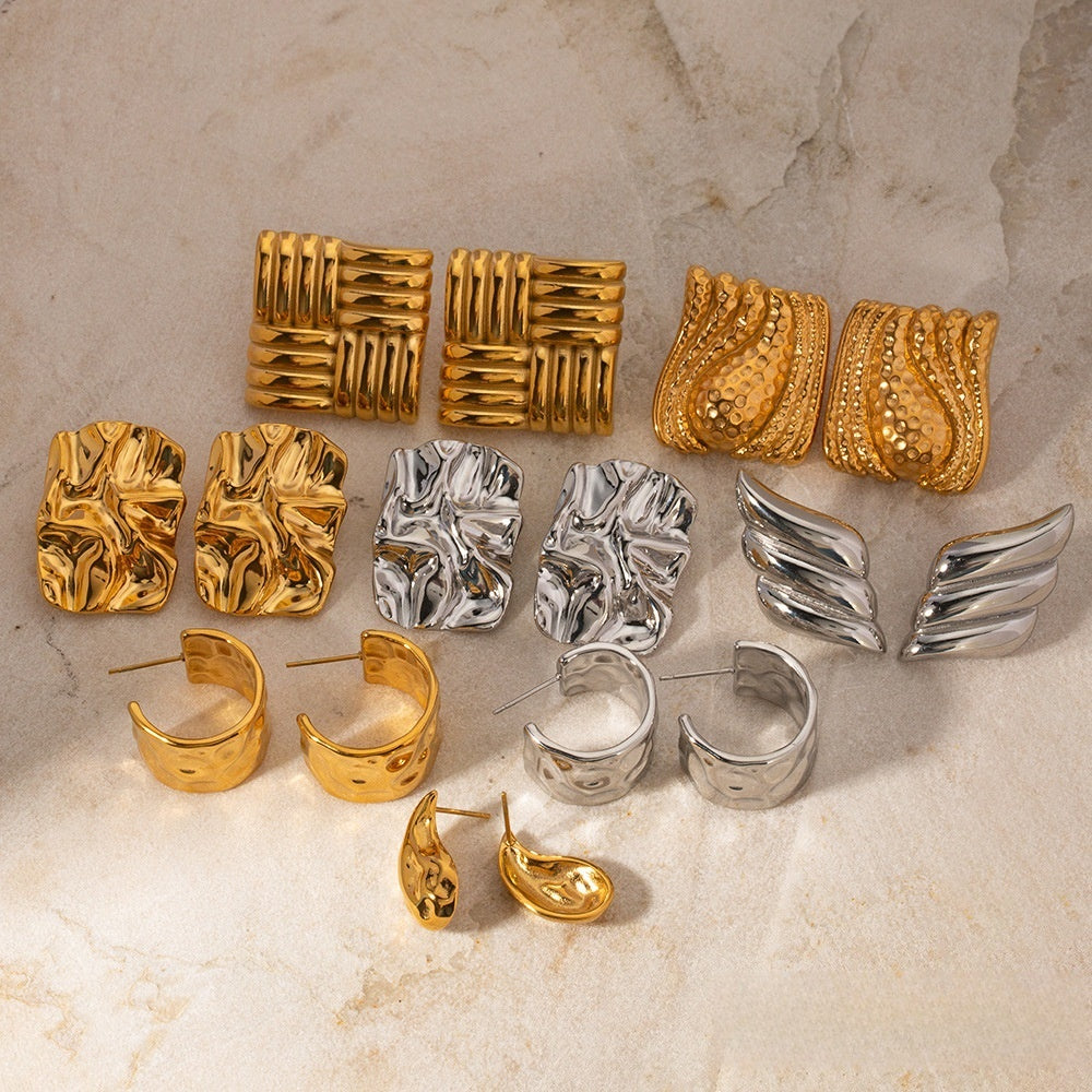 Statement Earrings Set: Gold & Silver Textured Studs, Hoop Styles