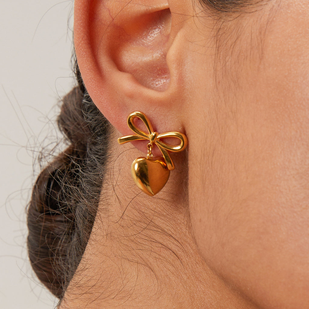 Earrings for Women: Heart-Shaped Bow Drop Gold Tone Romantic Style
