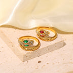 18K Gold Snake Zircon Ring with Green Gemstone Eyes for Women
