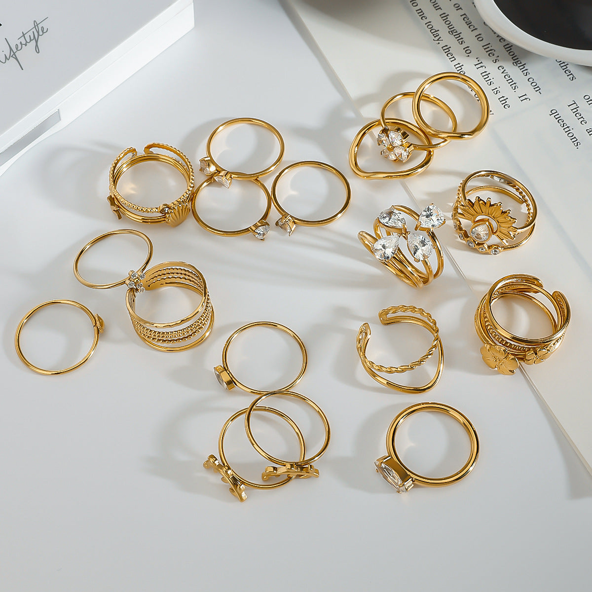 premium 18k gold plated stackable zircon stainless steel ring set crafted for modern everyday elegance