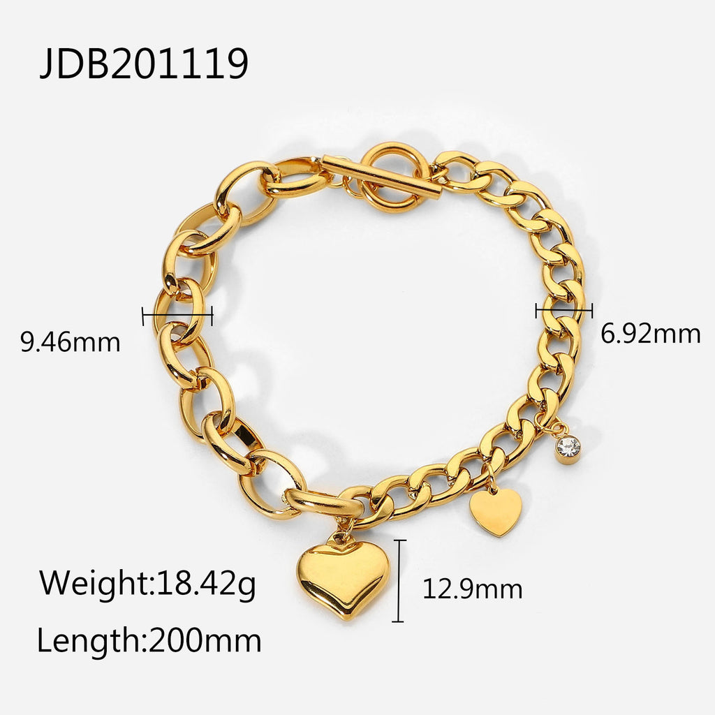 Cuban link elliptical link two-tone heart small round zircon pendant OT clasp bracelet 18K gold-plated stainless steel bracelet