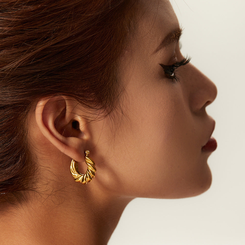 Close-up gold twisted hoop earrings, hinge clasp detail, fashion accessory