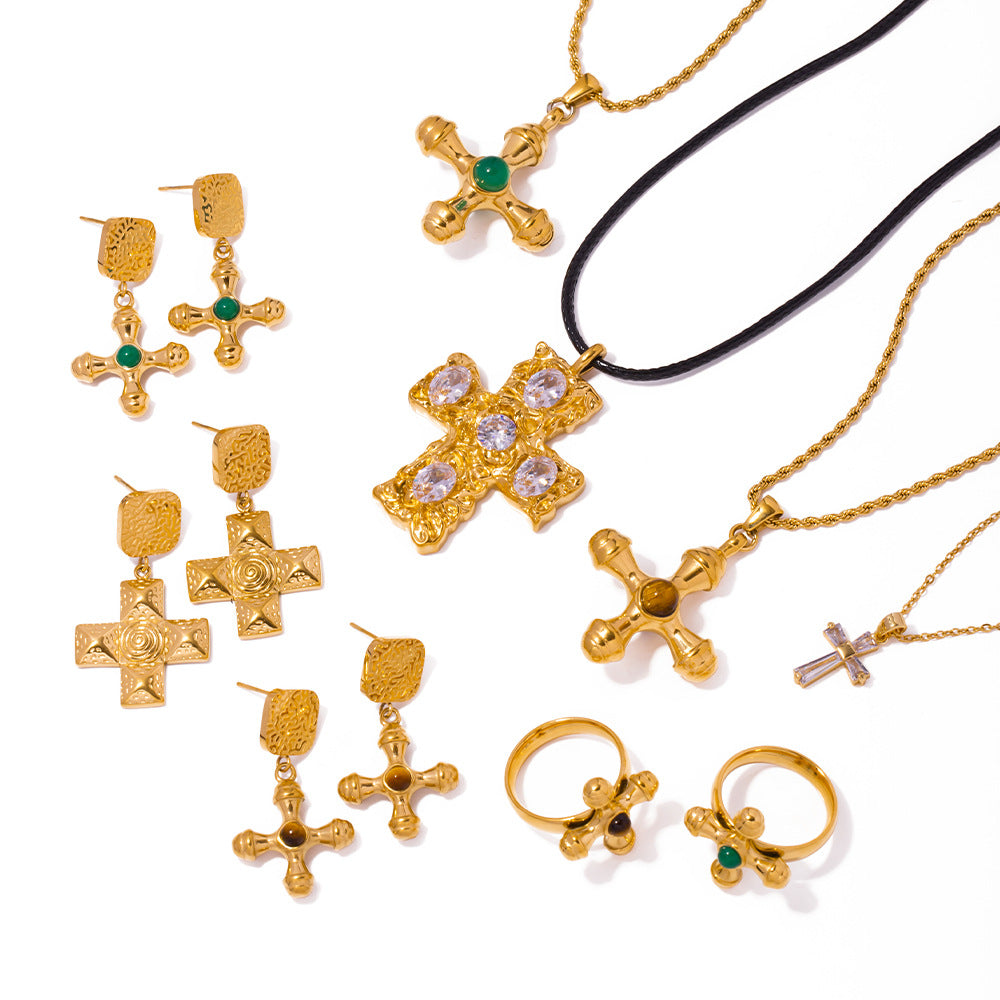 Necklace Cross Gold Plated Women's 18K Stainless Steel Jewelry Set