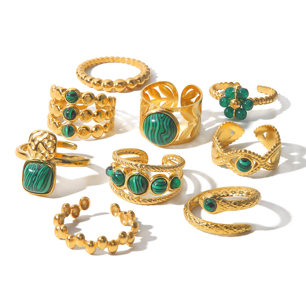 18K Gold Green Malachite Ring Women’s Vintage Boho Style