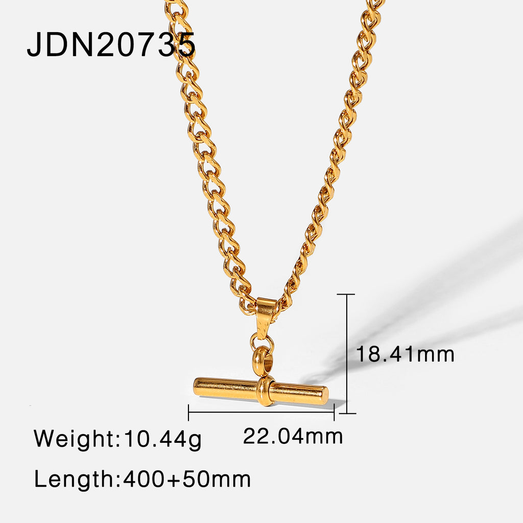 Gold Necklace 18K Stainless Steel T-Bar Pendant Figaro Cuban Chain for Women