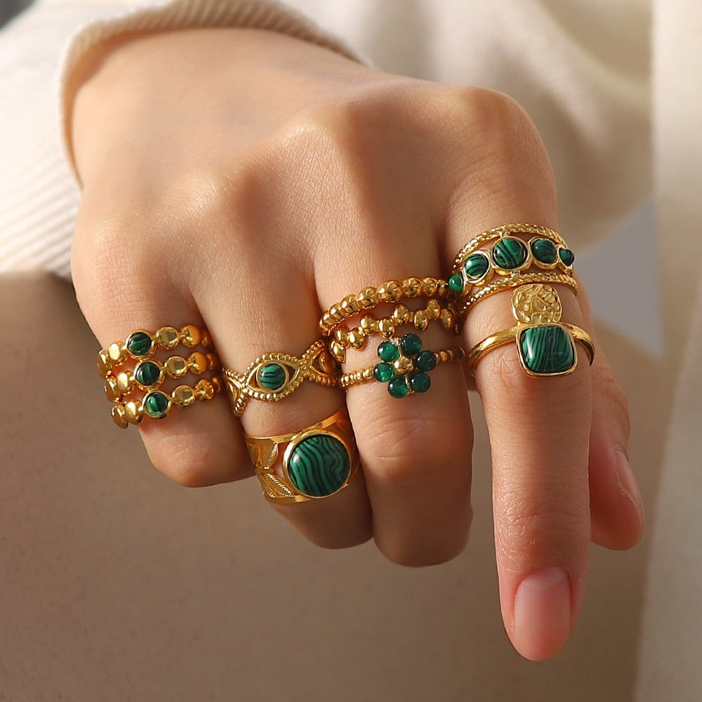 18K Gold Green Malachite Ring Women’s Vintage Boho Style